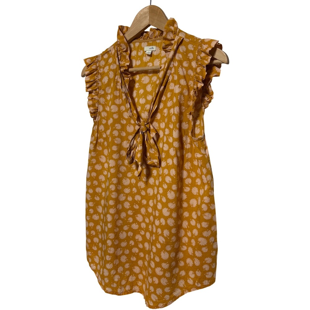 Odille Ruffle Trim Tie Neck Earthy Yellow Floral Blouse Women's Size 8